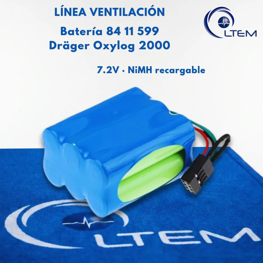 Batería 84 11 599 para ventilador Dräger Oxylog 2000, de 7.2 V con su conector de 8 vías