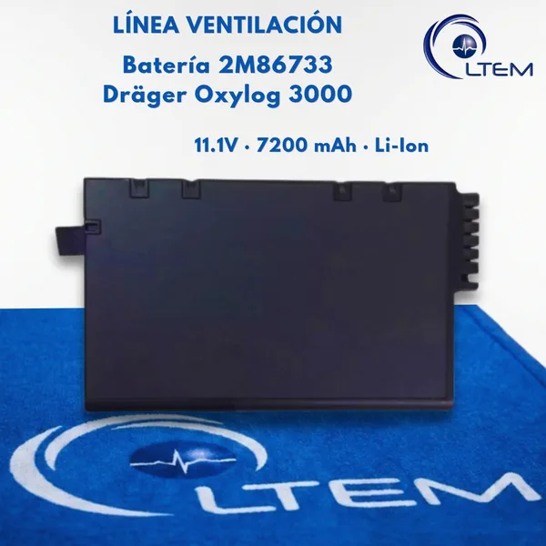Batería 2M86733 para ventilador Dräger Oxylog 3000, foto real sobre el tapete de LTEM